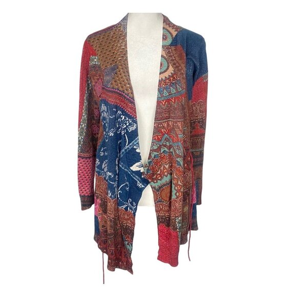 DESIGUAL Women Patchwork Open Front Sweater Sz S Multicolor Long Sleeve 32-13 - Picture 3 of 16